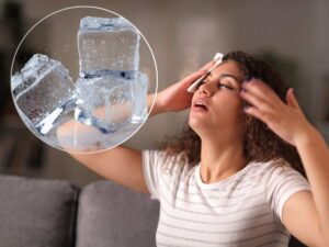 Donna che si asciuga sudore e ghiaccio