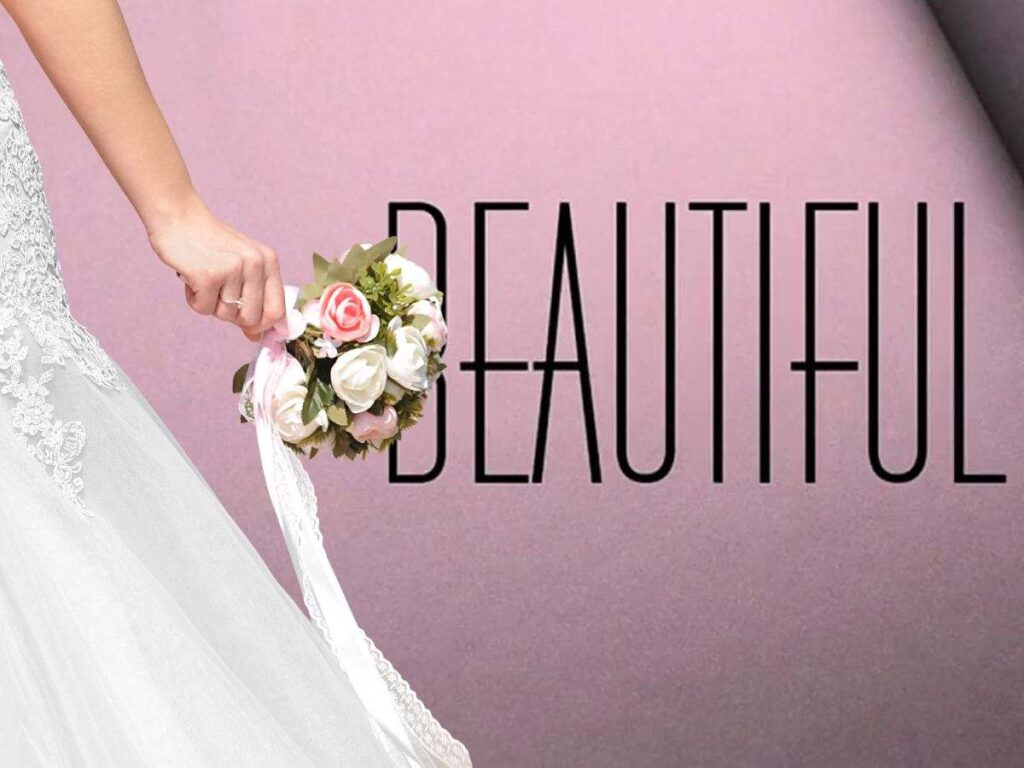 scritta beautiful e donna con abito da sposa