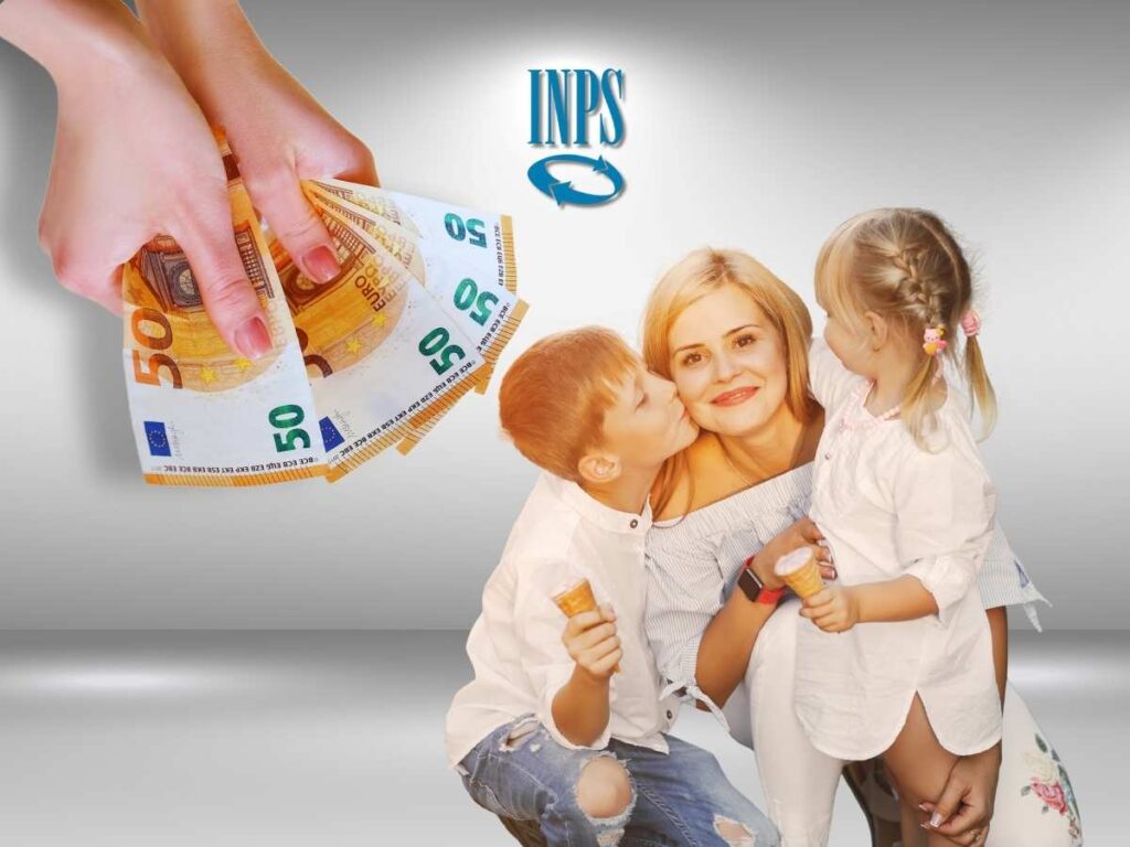 scritta inps euro e mamma con due figli
