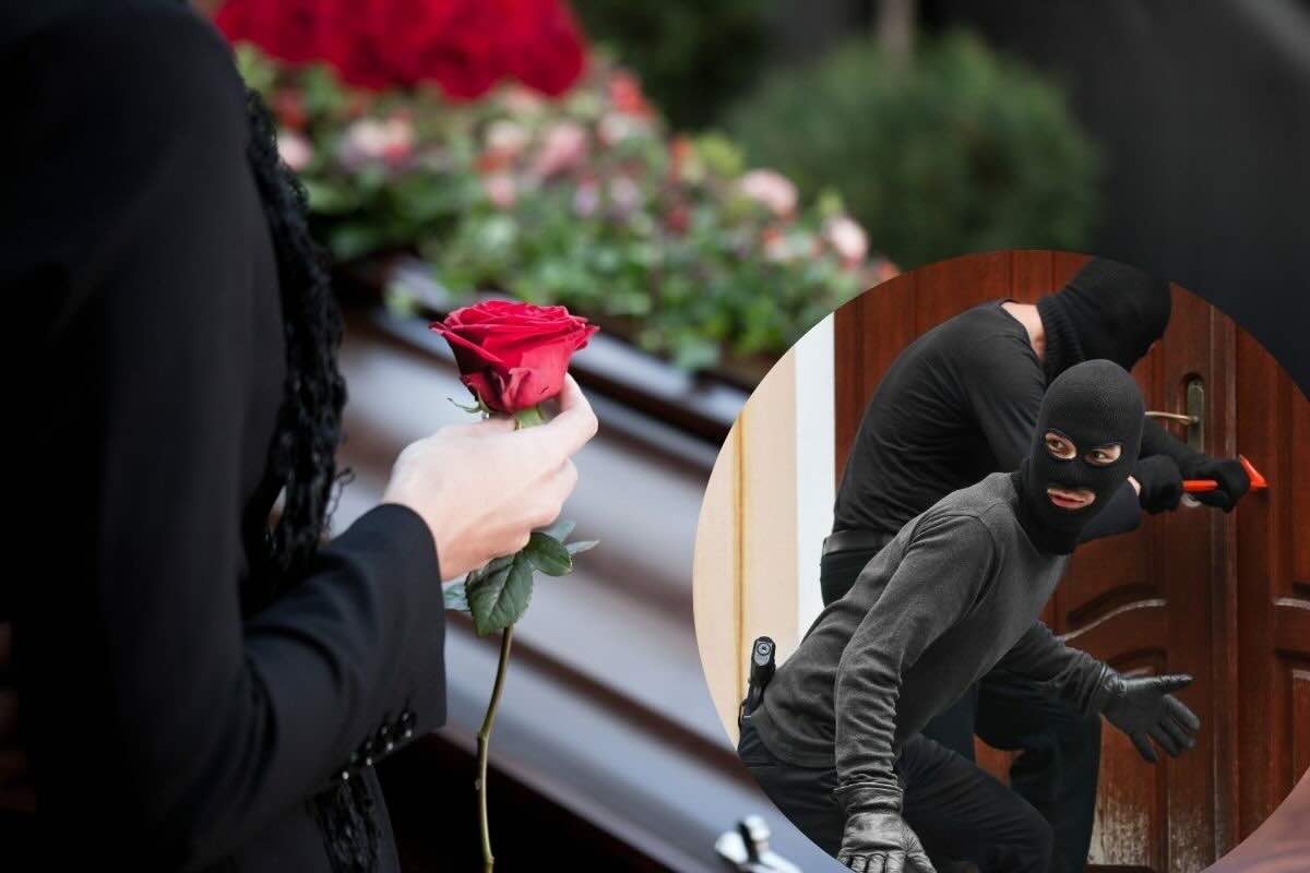 Donna con rosa davanti alla bara, nel cerchio ladri aprono porta di casa