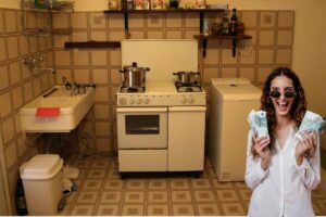 cucina antica, donna con euro
