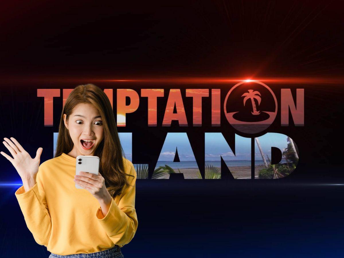 logo temptation island e donna sorpresa con telefono in mano