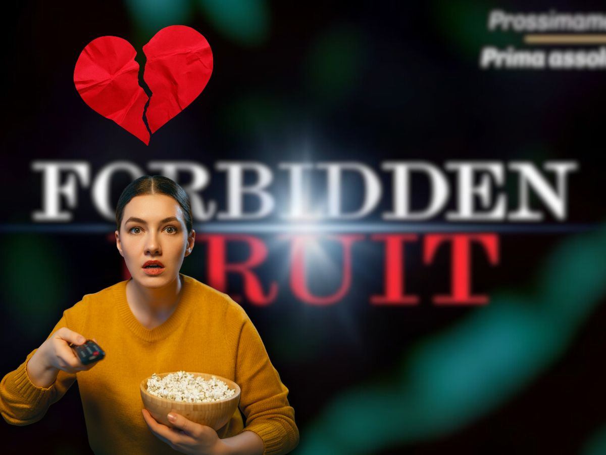 logo forbidden fruit, cuore spezzato e donna sconvolta che guarda tv con pop corn