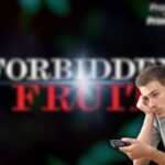 logo forbidden fruit e uomo triste con telecomando in mano